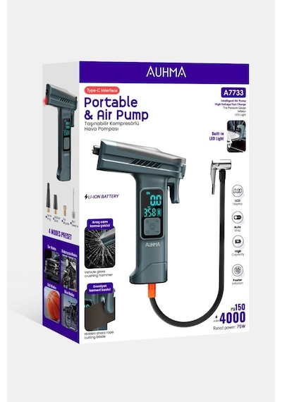 Auhma A7733 Taşınabilir Kompresörlü Hava Pompası 4000mah 150 Psı Dijital Lcd Ekranlı