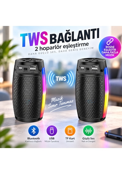Bluetooth Hoparlör Rgb Led Işıklı Taşınabilir 5w Tws Usb Tf Kart Destekli