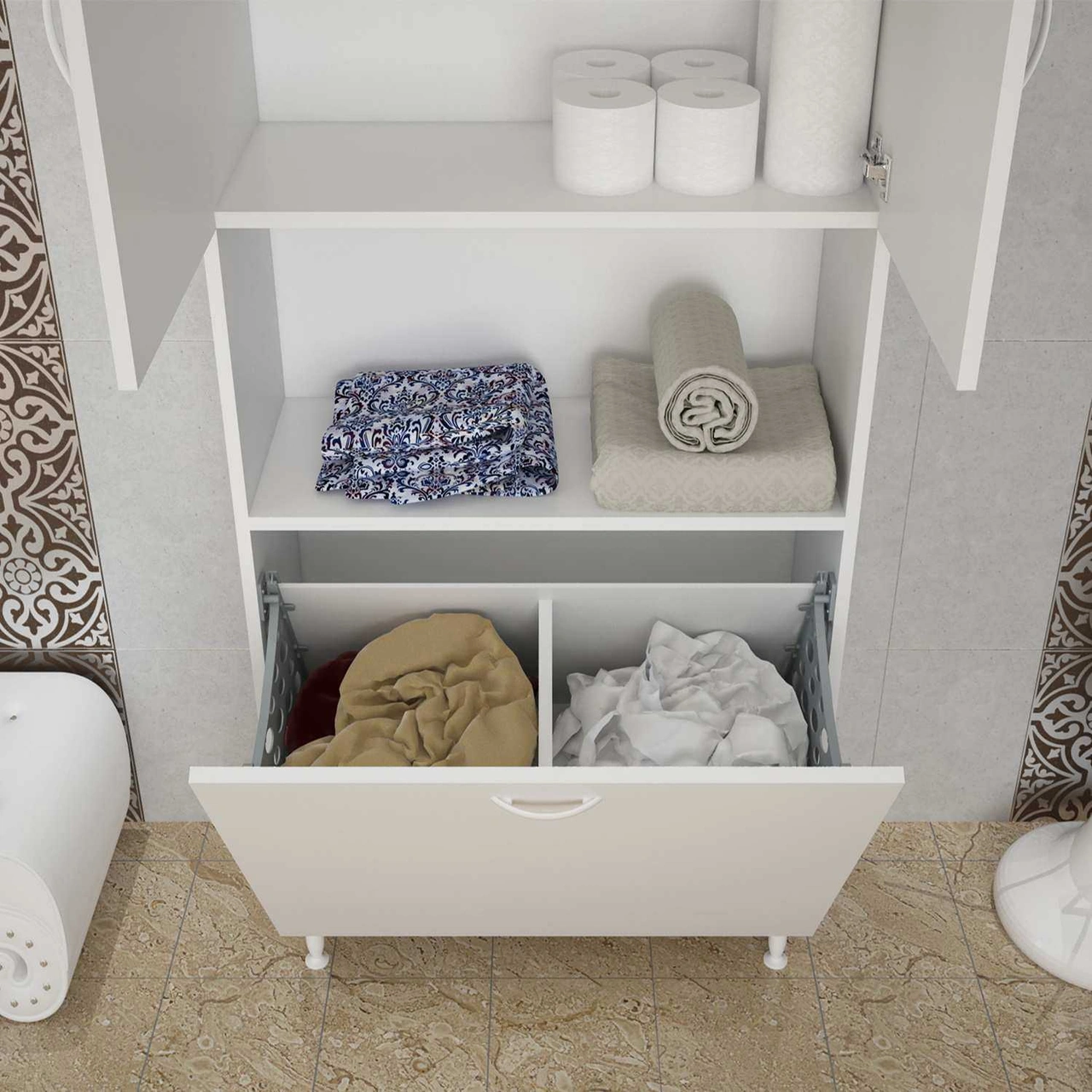 Bella Kirli Çamaşır Sepetli Çok Amaçlı Dolap Banyo Dolabı 75x160x32,5 Cm Beyaz