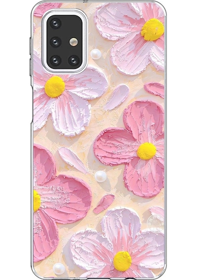Samsung Galaxy M31s Uyumlu Pembe Beyaz Çiçekler Sulu Boya Baskılı Silikon Kılıf Renkli