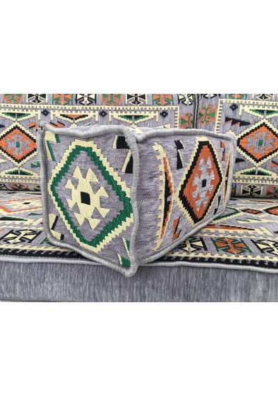 Turkıshrug Kıngdom 10 Cm Süngerli Otantik Şark Köşesi Takımı Gri Renkli 18 Parça Kilim Ve Puf Dahil Sedir Seti