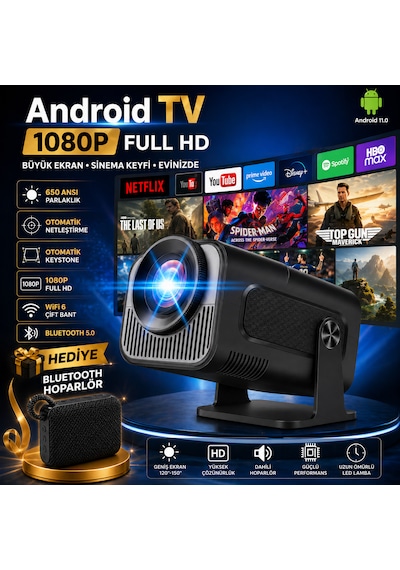 Android Tv 1080p Full Hd Projeksiyon Cihazı Wifi 6 Bluetooth 5.0 Otomatik Keystone Ev Sinema Projektörü