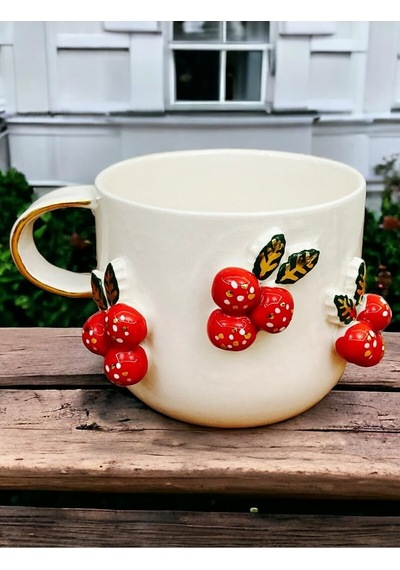 24 Ayar Altın Detaylı Kokina Kabartmalı El Yapımı Mug Cochina Christmas 300 Ml Beyaz - Çok Renkli