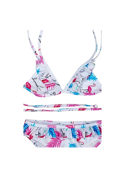 Lolliboomkids Kzı Çocuk Fırfır Detaylı Üçgen Bağlamalı Summer Flamingo Bikini Takımı Beyaz Flamingo Beyaz