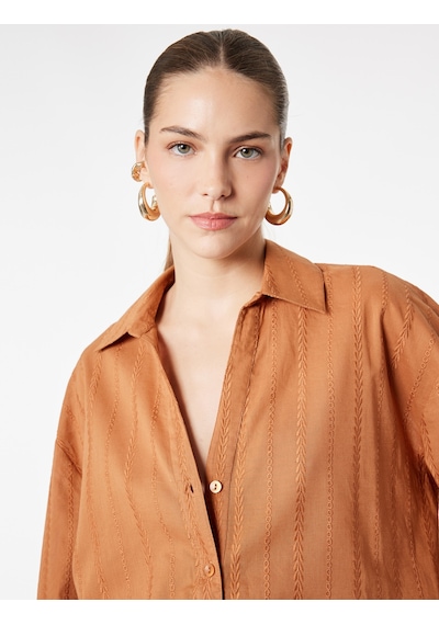Koton Pamuklu Uzun Kollu Nakış Detaylı Brodeli Oversize Poplin Gömlek Tarçın 6sak60251uw