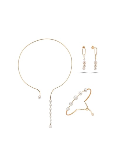 8,5 Mm Sallantılı Doğal İnci Küpe Kolye Bileklik Üçlü Set