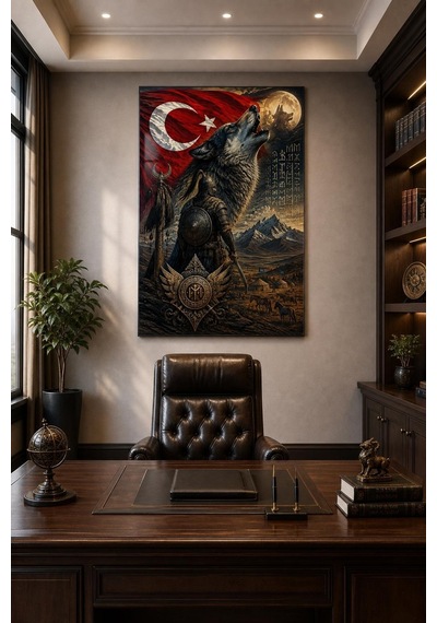 Türk Motifi Kurt Ve Bozkurt Temalı Baskılı Cam Tablo Uv Baskı Dekoratif Duvar Tablosu