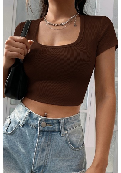Angbutik Kadın Kahverengi Yarım Kol Düz Yaka Crop Top Bluz