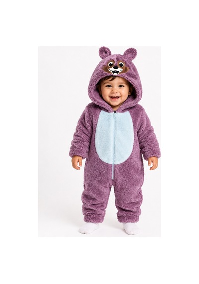 Chicsy Baby Tatlı Kız Bebek Welsoft Tulum Hayvan Yüzü Nakışlı Kulaklı Kapüşonlu Fermuarlı Peluş Kışlık Bebek Tulumu Mor