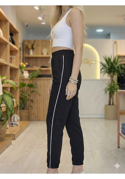 Ribana Classic Kadın Vizon Renk Bel Ve Bilek Lastik Detaylı Yan Tek Şerit Çizgili Çift Cepli İpli Pantolon 3564 siyah