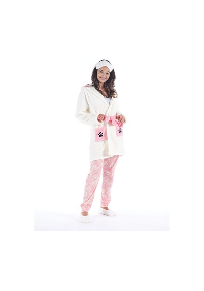 Fushia Panda Wellsoft Sabahlık Nakışlı Kapüşonlu Peluş Ev Giyimi 001