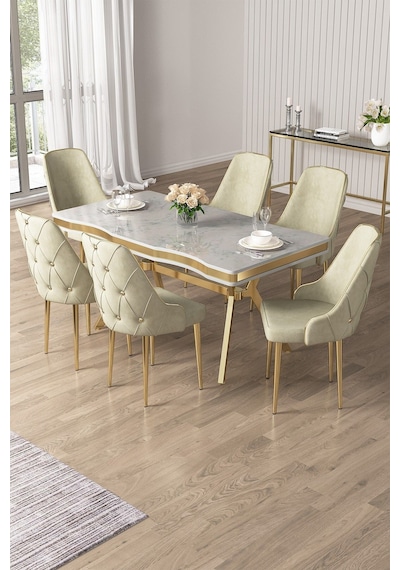 Canisa Vae Serisi 90x160 Lak Panel Beyaz Mermer Desen Gold Ayak Masa Takımı 6 Krem Sandalye Beyaz Mermer Desen Masa Sandalyeler Krem Canisa Vae Serisi 90x160 Lak Panel Beyaz Mermer Desen Gold Ayak Masa Takımı 6 Krem Sandalye Beyaz Mermer Desen Masa Sandalyeler Krem