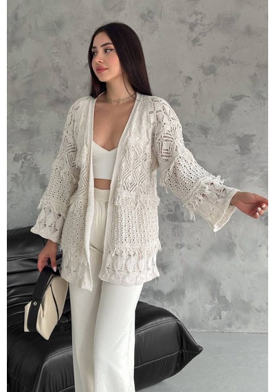 Noa & Noa Kadın Desenli Açık Örgü Hırka Romantik & Modern Stil Ekru
