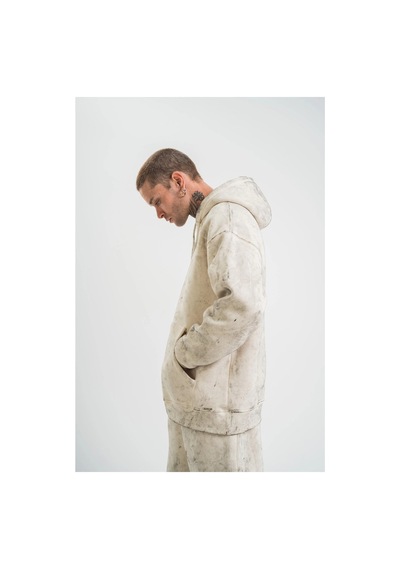 Erkek 3 İplik Pamuklu Oversize Kapşonlu Yıkamalı Sweatshirt Hoodie - Krem