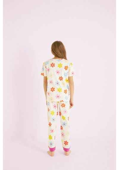 Siyah İnci Kız Çocuk %100 Pamuk Çiçek Baskılı Bisiklet Yaka Pijama Takım25110054 Ekru