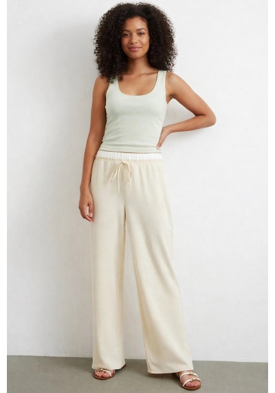 Meine Liebe Unterwäsche Bel Bantlı Wide Leg Rahat Pantolon Krem