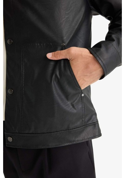 Defacto Regular Fit Çıtçıtlı Suni Deri Ceket Mont F9779ax25wnbk27 Siyah