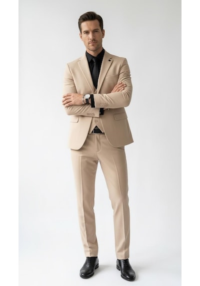 Erkek Klasik Slim Fit Armürlü Kumaş Tek Düğmeli Çift Yırtmaçlı Klasik Yaka Takım Elbise 7 Drop Bej