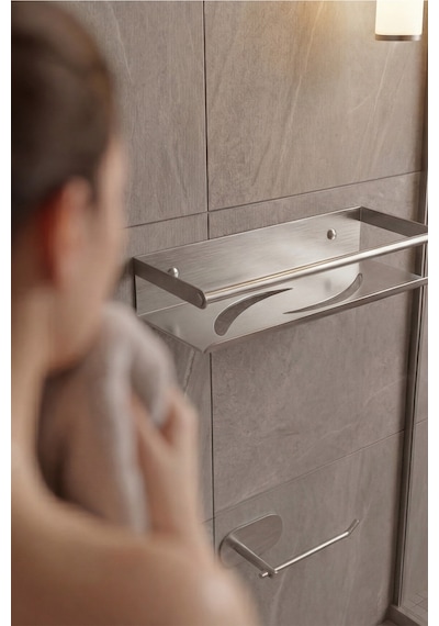Zift Unique Paslanmaz Çelik Satine İnoks Yapışkan Montaj Banyo Rafı - Tuvalet Kağıdı Askısı Set Inox