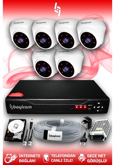 Bayicam 6 Kameralı Dome 6 İç Kamera Set 250 GB HDD Full HD Gece Görüşlü Güvenlik Kamerası Sistemi