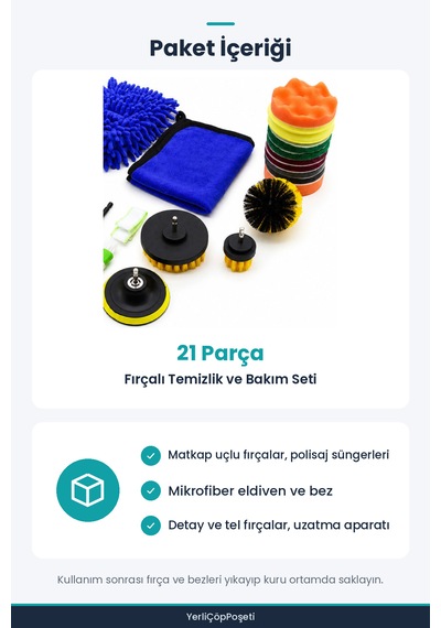 21 Parça Fırçalı Temizlik Seti - Matkap Uyumlu Fırça Uçları