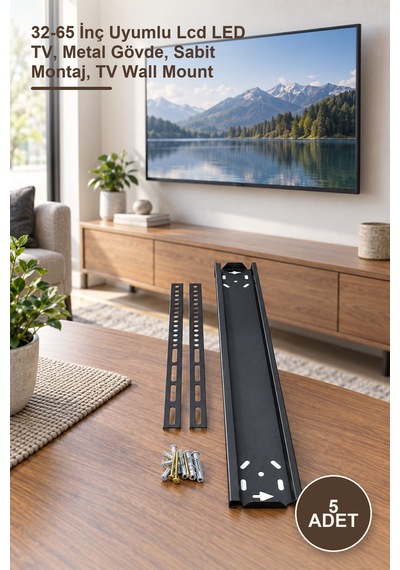 5 Adet Sabit Tv Duvar Askı Aparatı 32-65 İnç Uyumlu Lcd Led Tv, Metal Gövde, Sabit Montaj, Tv Wall Mount
