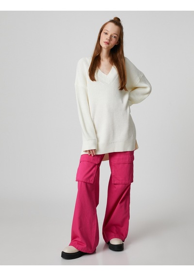 Koton Oversize Triko Kazak V Yaka Uzun Kollu Ekru 3sal90018ht 3SAL90018HT010 Ekru