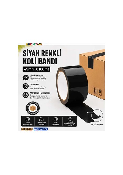 Siyah Koli Bandı 45mmx100m Renkli Koli Bantı Siyah Renk Hotmelt Yapışkanlı Bant Marketim 1