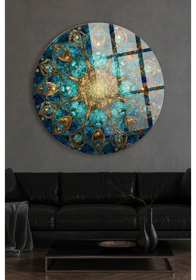 Turkuaz Zümrüt Mozaik Mandala Altın İşlemeli Cam Tablo Modern Sanat Tablosu Uv Baskılı Canlı Renkler Kafe Ve Ofis İçin Anlamlı Hediye Seçeneği