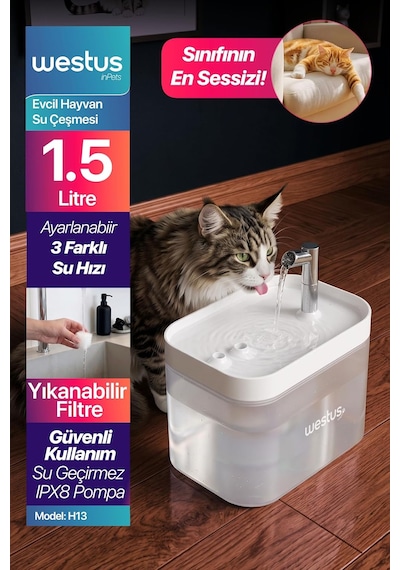 Lexroo İnpets H13 1.5 Litre Ultra Sessiz Evcil Hayvan Kedi Köpek Su Pınarı Çeşmesi