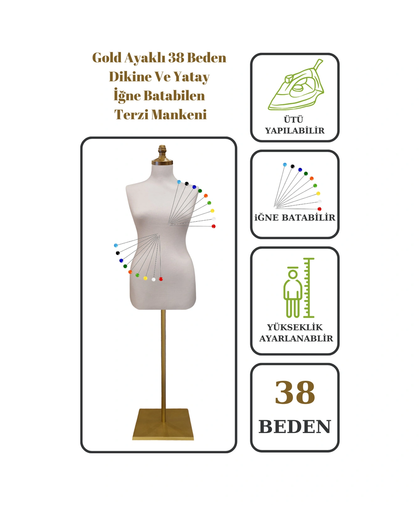 38 Beden Iğne Batabilen Terzi Mankeni Prova Mankeni Sünger Manken Gold Ayaklı Beyaz Kumaş Po-01