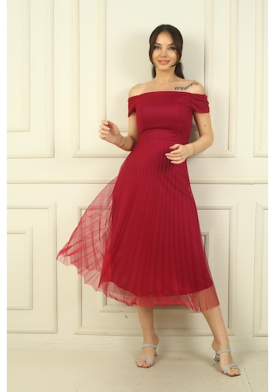 By Saygı Madonna Yaka Astarlı Eteği Şifon Pilisoley Elbise-40137 Fuşya