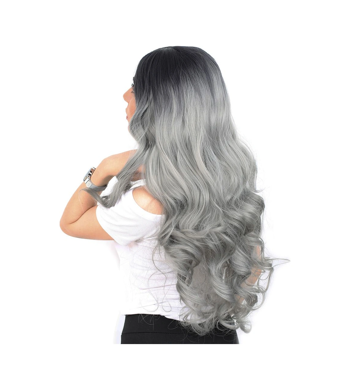 Yoğun Dalgalı Fiber Sentetik Uzun Perçemsiz Peruk / Siyah / Gri Ombreli - Grsy-462061 Renkli