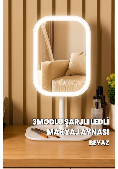 Led'li Makyaj Aynası - 3 Modlu Işıklı Ayna - Şarj Edilebilir Usb - Şarjlı Makyaj Düzenleyici Dokumatik Beyaz