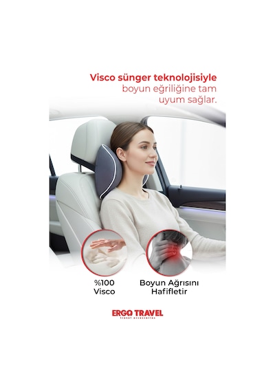 Viscofoam Carfort Büyük Visco Araç Boyun Yastığı – Ortopedik Oto Koltuk Boyun Desteği - Araç Yastığı - Gri | Ergo Travel