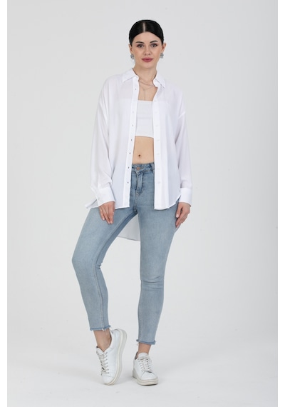 Pera Moda Oversize Arkası Uzun Tiril Tiril Viskon Kadın Gömlek Beyaz