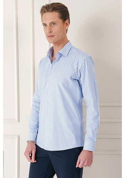 Efor Slim Fit Dikine Çizgili %100 Pamuk Klasik Mavi Beyaz Gömlek Gk 721 Mavi - Beyaz