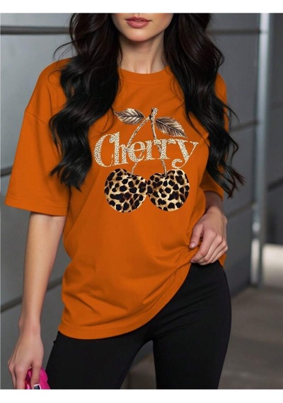 Uyguntarz Unisex Leopar Desenlı Vişne Baskılı Tasarım Tshirt Turuncu