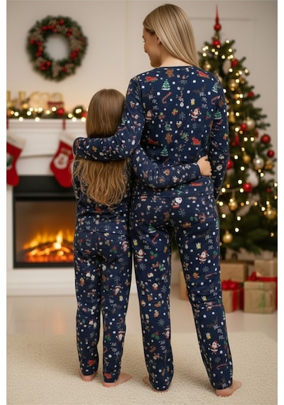Siyah İnci %100 Pamuklu Şeker Baston Desenli Yılbaşı Temalı Örme Pijama Takım Lacivert Kardanadam
