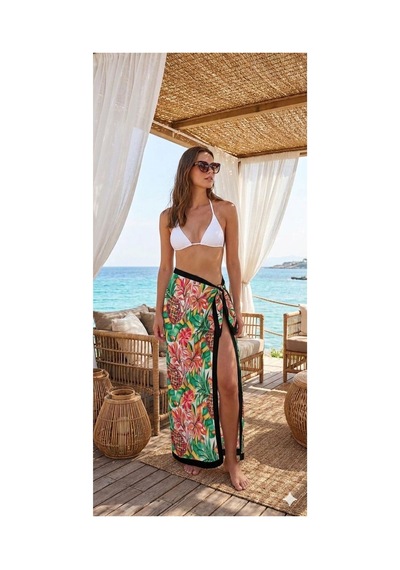 Nazzain Tropikal Desenli Bağlamalı Yırtmaçlı Pareo Plaj Eteği Bikini Üstü Plaj Giyim Yazlık Beachwear 150x95 Cm Çok Renkli