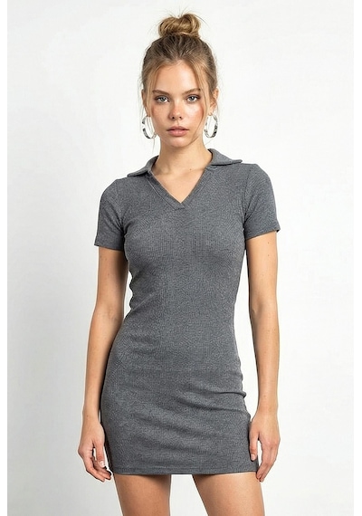 Shade Kadın Kaşkorse Polo Yaka Mini Basic Elbise 60284008 - Gri