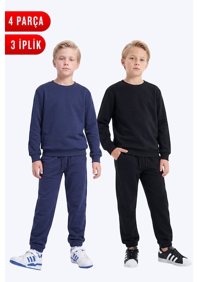 Fyk Kids 3 İplik Düz Erkek Çocuk Çift Cepli Bisiklet Yaka 2'li Eşofman Takımı Lacivert-siyah