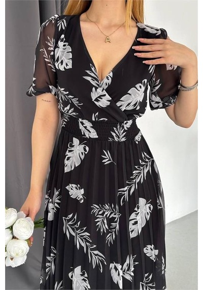 Neşeli Butik Kadın Siyah Yeni Sezon Piliseli Yazlık Şifon Elbise Nbq005 Siyah