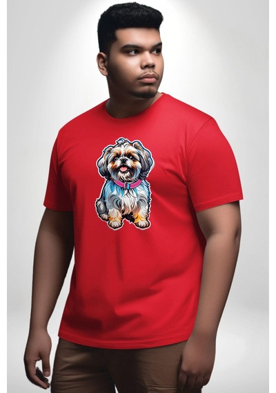 Angemiel Shih Tzu Renkli Köpek Kırmızı Büyük Beden Erkek Kadın Unisex Basic Ön Baskılı Tişört Kırmızı