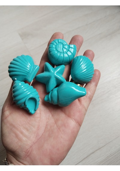 Dafniart 6 Lı Deniz Kabuğu Temalı Dolap Çekmece Kulpu, Turkuaz, 4-5 Cm, 6'lı Set, Yıldız Ve Kabuk Şekilli