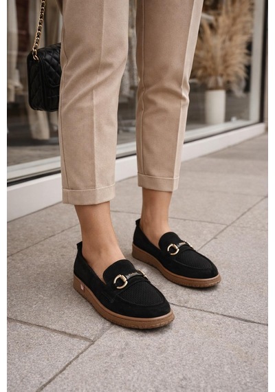 Modaonn Kadın Süet Tokalı Loafer Siyah