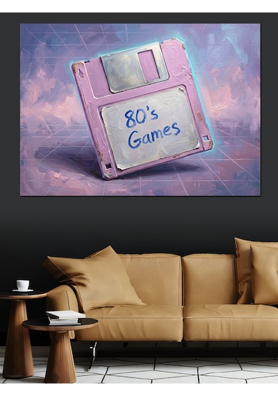 Pembe Disket 80's Games Tablosu Dekoratif Kanvas - Mdf Ahşap Tablo
