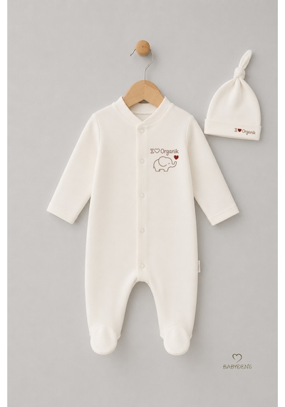 Babyden's Organik Pamuk Bebek Tulumu Şapkalı Yenidoğan Hastane Çıkışı Çıtçıtlı Patikli Uzun Kollu Ekru