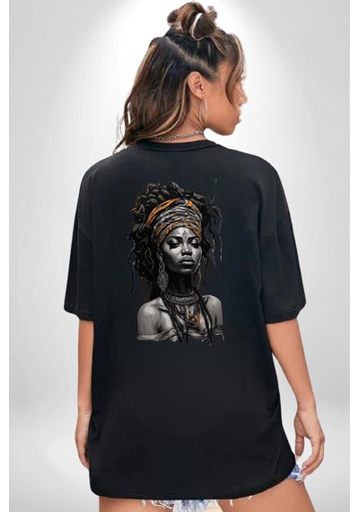 Afrikalı Kadın Sanat Siyahi Siyah Oversize Kadın Erkek Ön Ve Sırt Baskılı Tişört Siyah