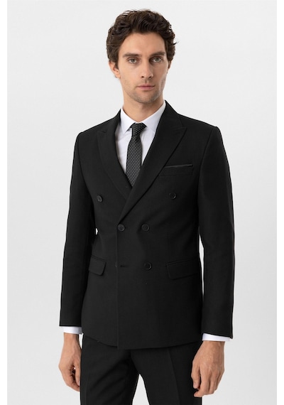 Süvari Siyah Slim Fit Armürlü Sivri Yaka 6 Drop Klasik Takım Elbise-35522 Siyah